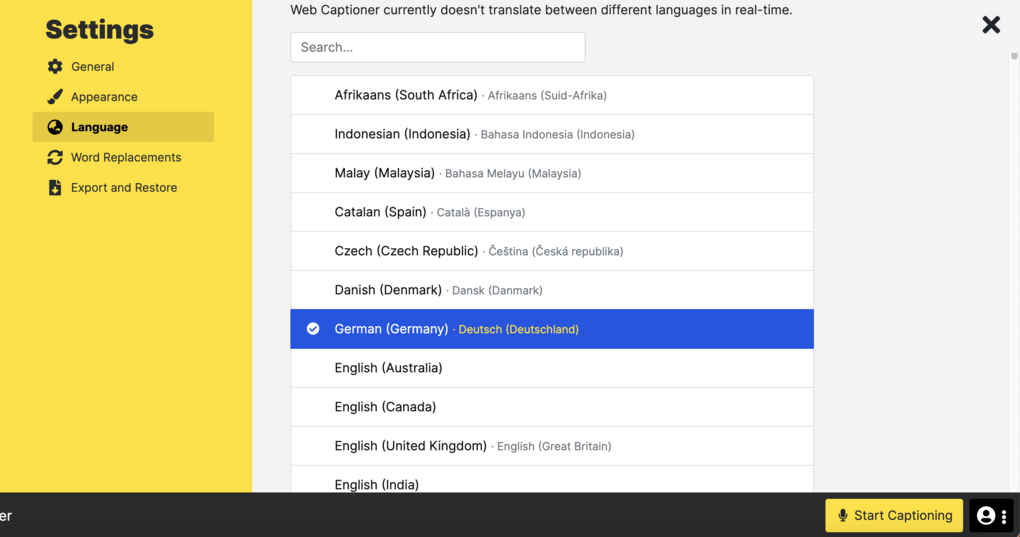 Bildschirmfoto Webcaptioner: die deutsche Sprache auswählen
